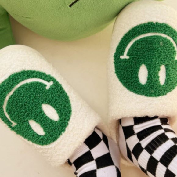 Green and White Smiley Face Slippers - Picture 2 of 6